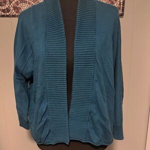 Womens Blue Chicos Open Front Cardigan Sweater Ribbed Trim Cotton Blend Size 1